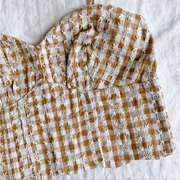 Anthropologie Maeve Gingham Crop Top EUC Embroidered Floral Smocked Tank Corset - Picture 3 of 11